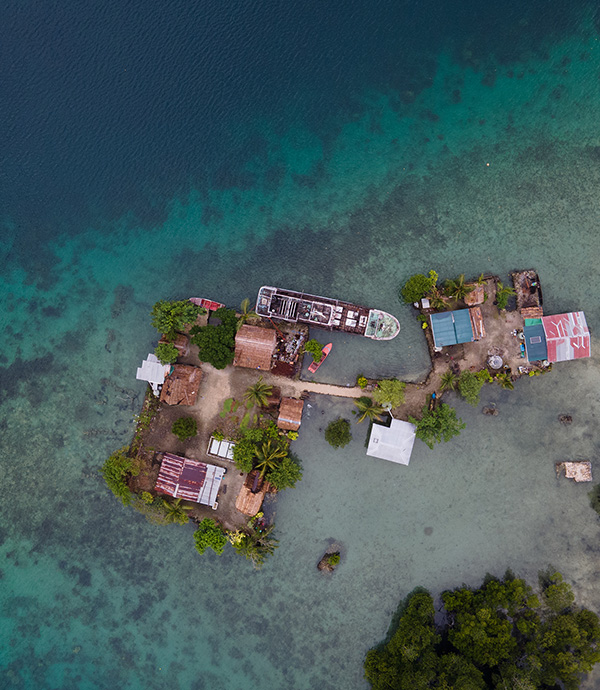 Loreto Island, Malaita Province, Solomon Islands: An aerial view from a drone of Loreto Island, off the coast of Malaita, which is under threat from rising sea levels. Credit: Collin Leafasia/Oxfam