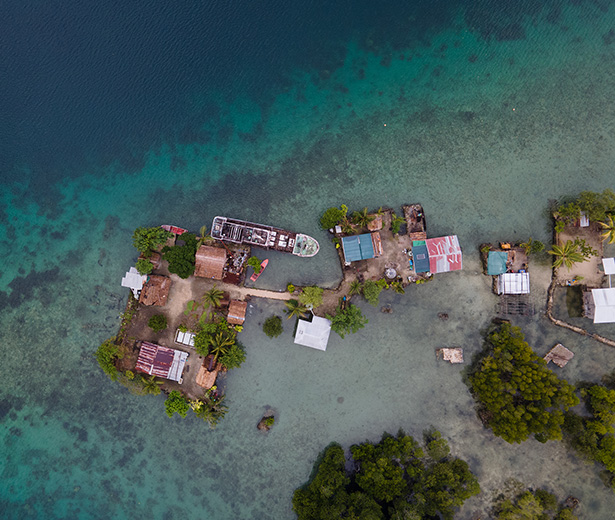 Loreto Island, Malaita Province, Solomon Islands: An aerial view from a drone of Loreto Island, off the coast of Malaita, which is under threat from rising sea levels. Credit: Collin Leafasia/Oxfam