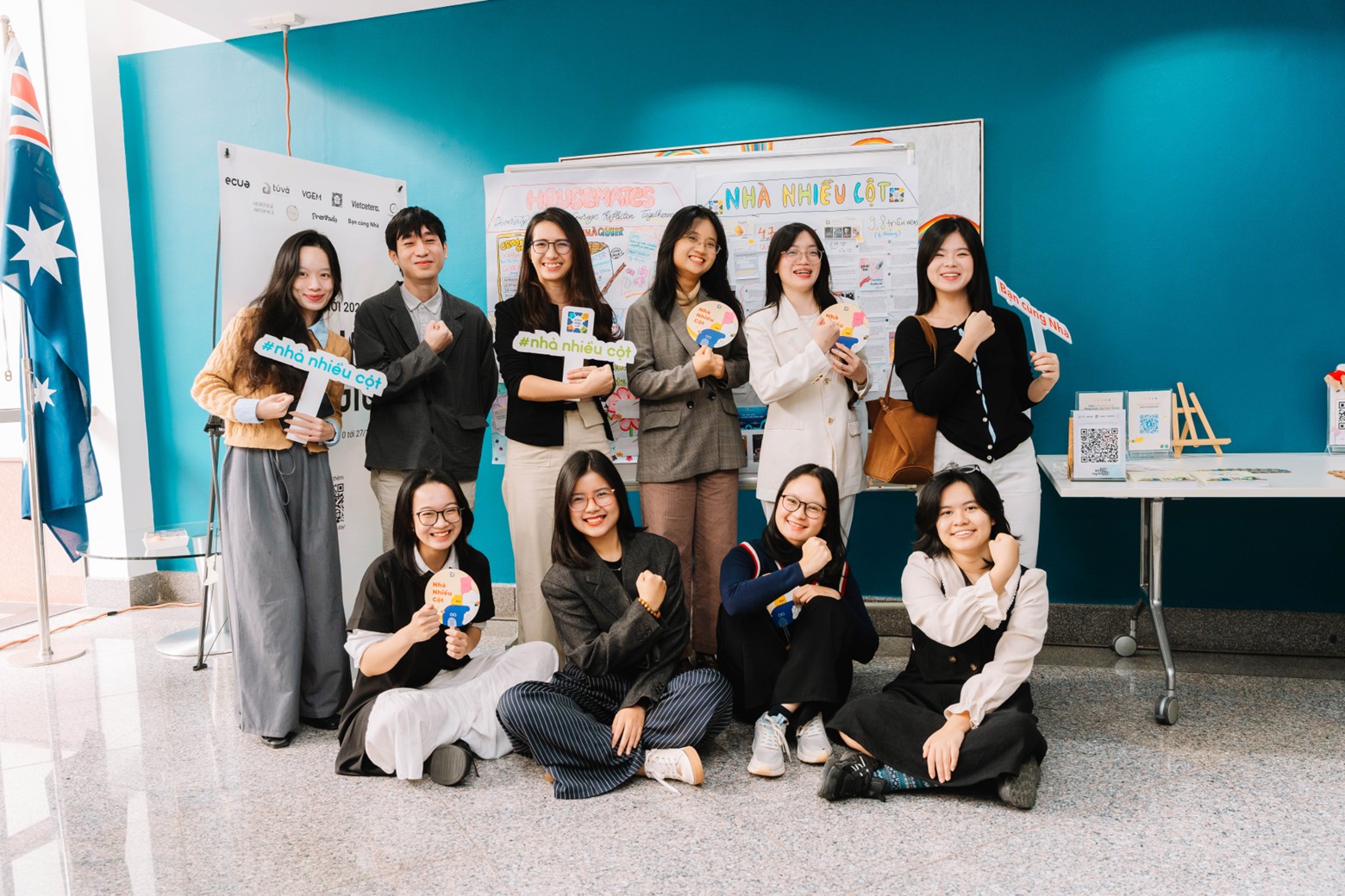 Members of TUVA Communication and advocates from their community of practice showcase stories and insights from the Nha Nhieu Cot (A House With Many Pillars) campaign at an event at the Australian Embassy in Hanoi on 4 December 2025. Nha Nhieu Cot seeks to accelerate progress toward equal sharing of care and economic roles in Vietnam. The Nha Nhieu Cot campaign is supported by Investing in Women, an initiative of the Australian Government. (Photo from Investing in Women)