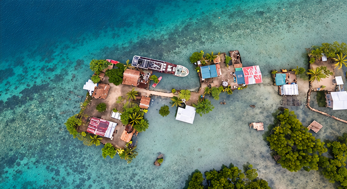 Loreto Island, Malaita Province, Solomon Islands: An aerial view from a drone of Loreto Island, off the coast of Malaita, which is under threat from rising sea levels. Credit: Collin Leafasia/Oxfam