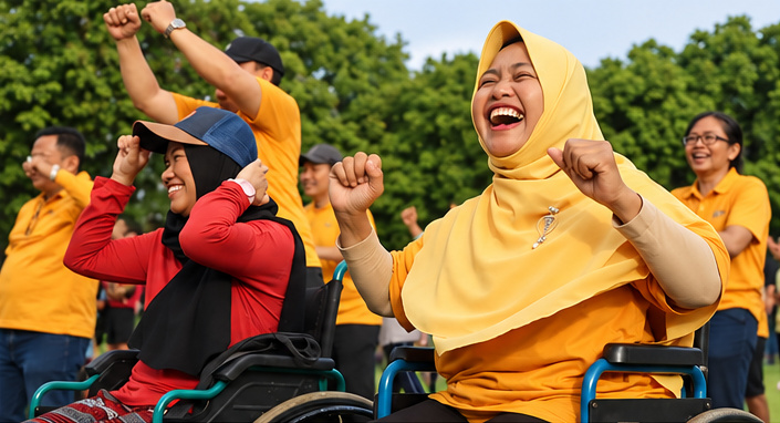 Group of excited people in Indonesia, including those living with disabilities, outdoors, pumping their fists in the air. Credit: INKLUSI