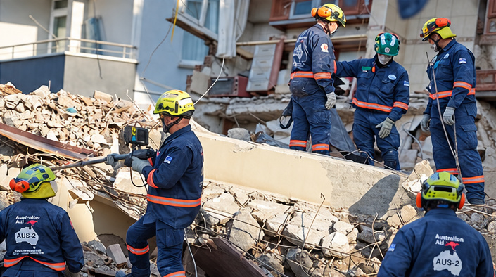Australia’s urban search and rescue specialists providing support to Turkish authorities and communities following the devastating earthquakes in Türkiye in February 2023. Credit: DFAT/Nathan Fulton